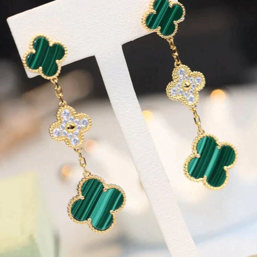 CLOVER 3 MOTIF MALACHITE DIAMOND EARRINGS