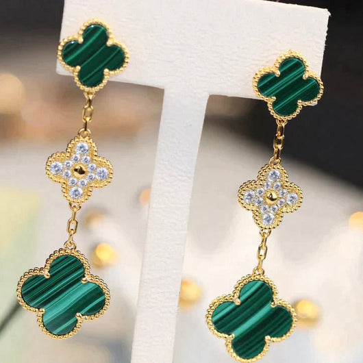 CLOVER 3 MOTIF MALACHITE DIAMOND EARRINGS