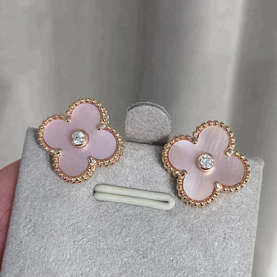 CLOVER MEDIUM 1 MOTIFS  PINK MOP DIAMOND EARRINGS