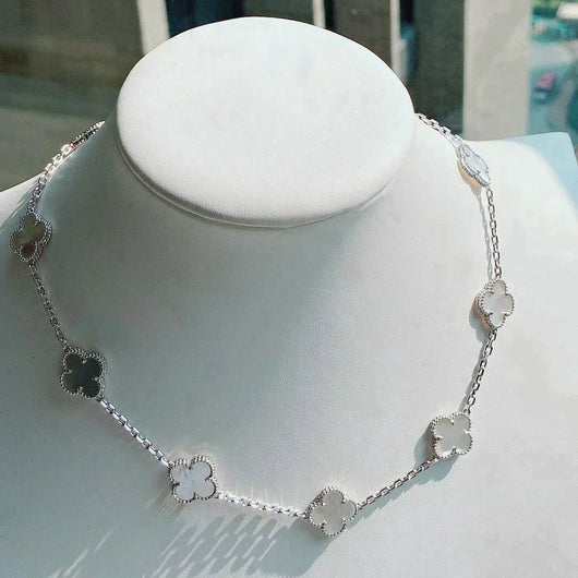 CLOVER VINTAGE WHITE MOP NECKLACE 10 MOTIFS SILVER