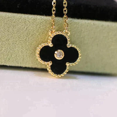 CLOVER 15MM DIAMOND ONYX NECKLACE