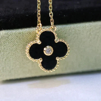 CLOVER 15MM DIAMOND ONYX NECKLACE