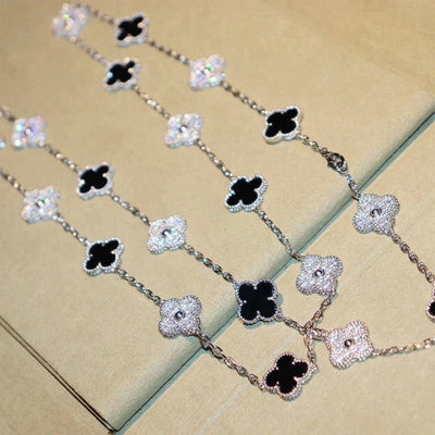 CLOVER 20 MOTIFS ONYX DIAMOND NECKLACE SILVER