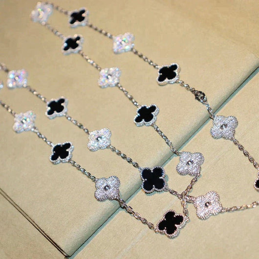 CLOVER 20 MOTIFS ONYX DIAMOND NECKLACE SILVER