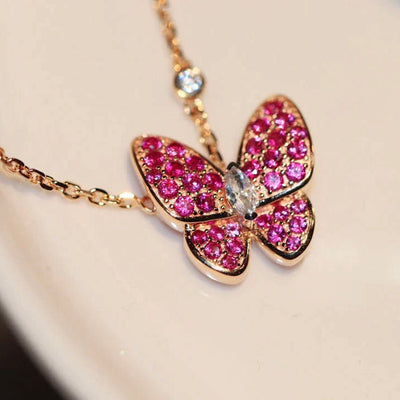 BUTTERFLY RED DIAMOND PINK GOLD NECKLACE