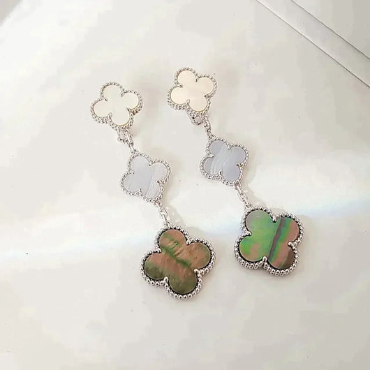 CLOVER 3 MOTIFS CHALCEDONY DARK MOP  EARRINGS SILVER