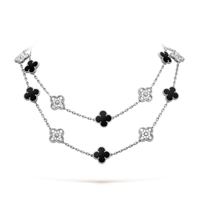 CLOVER 20 MOTIFS ONYX DIAMOND NECKLACE SILVER