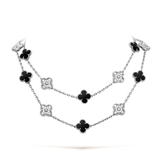 CLOVER 20 MOTIFS ONYX DIAMOND NECKLACE SILVER