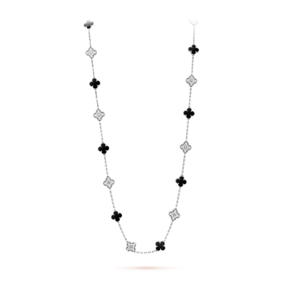 CLOVER 20 MOTIFS ONYX DIAMOND NECKLACE SILVER