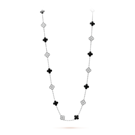 CLOVER 20 MOTIFS ONYX DIAMOND NECKLACE SILVER