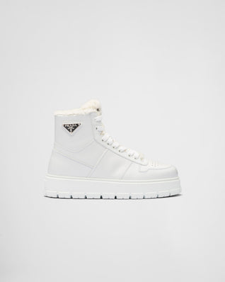 Leather and shearling high-top sneakers