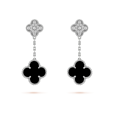 CLOVER 2 MOTIFS  DIAMOND ONYX EARRINGS SILVER