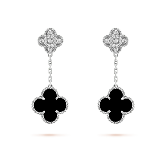 CLOVER 2 MOTIFS  DIAMOND ONYX EARRINGS SILVER