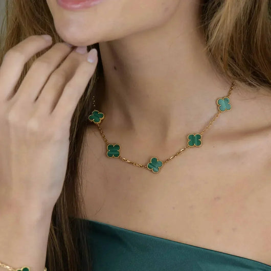 CLOVER VINTAGE MALACHITE NECKLACE 10 MOTIFS