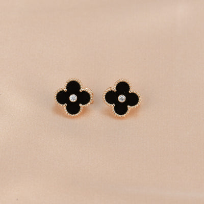 CLOVER MEDIUM 1 MOTIFS ONYX DIAMOND EARRINGS