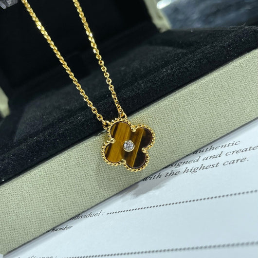 CLOVER 15MM DIAMOND AND YELLOW TIGER'S EYE AGATE NECKLACE
