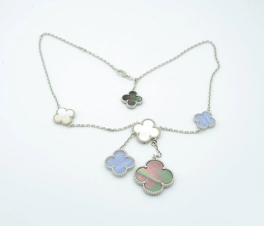 CLOVER MOP CHALCEDONY NECKLACE 6 MOTIF SILVER