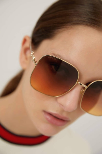 Gucci squared metal gold brown classic sunglasses with horsebit detail - Lux Studios
