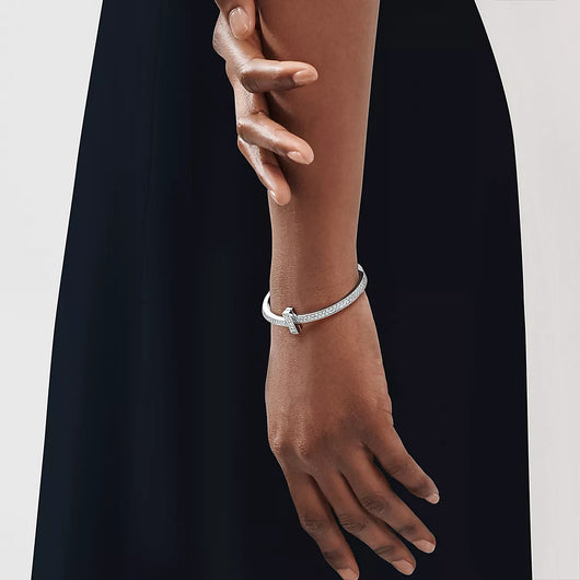 WIDE DIAMONDS HINGED BANGLE SILVER